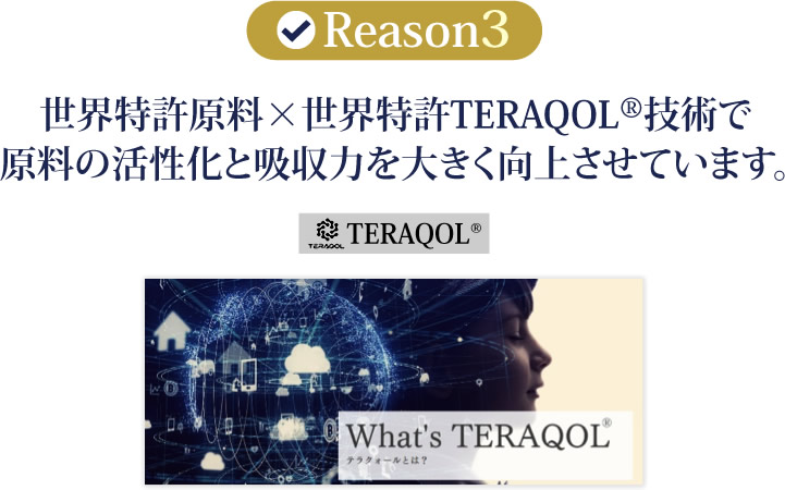 世界特許原料×世界特許TERAQOL®技術で原料の活性化と吸収力を大きく向上させています。